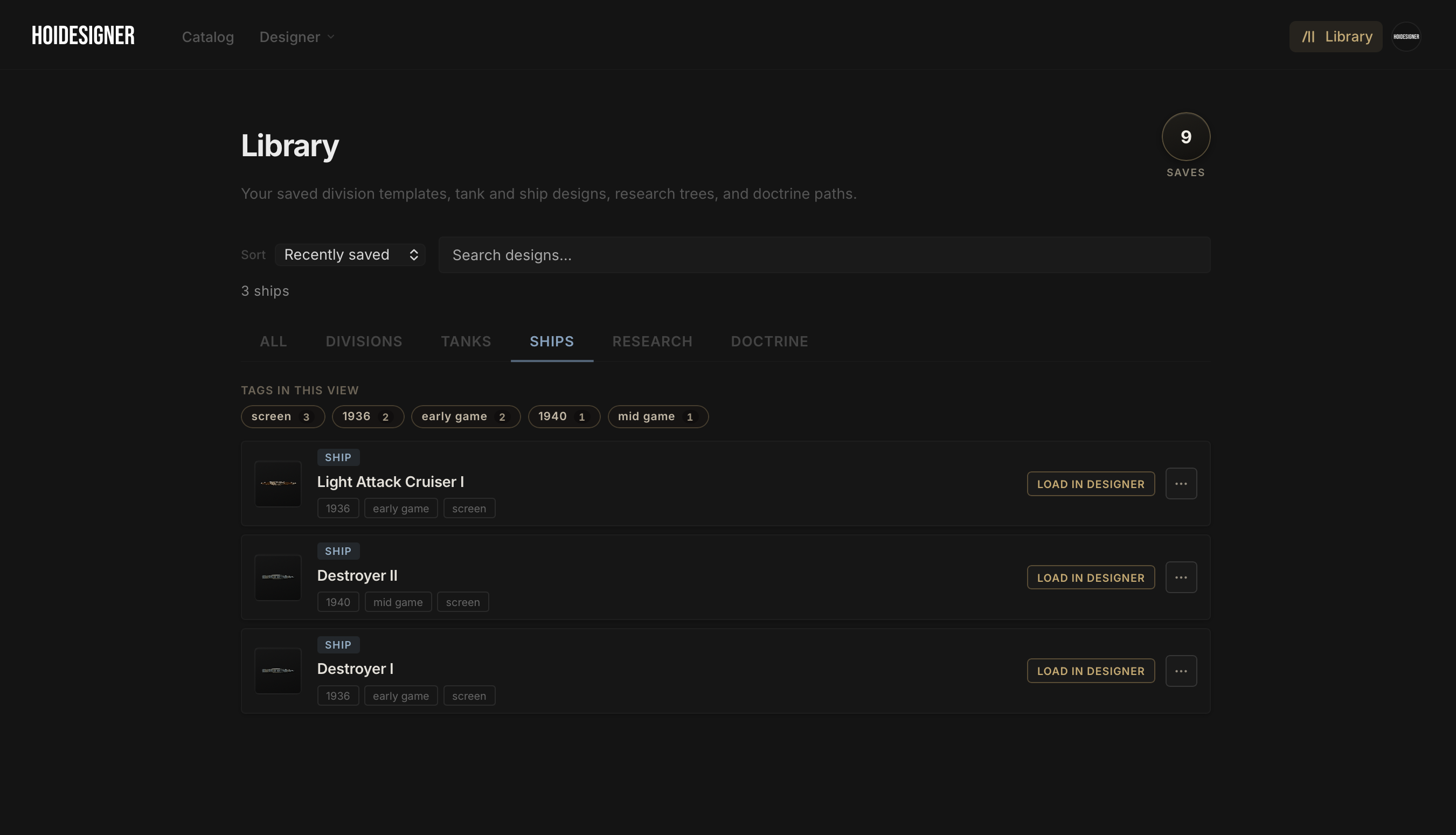 The Library: personal workspace showing saved designs across all three designers, organized with tags