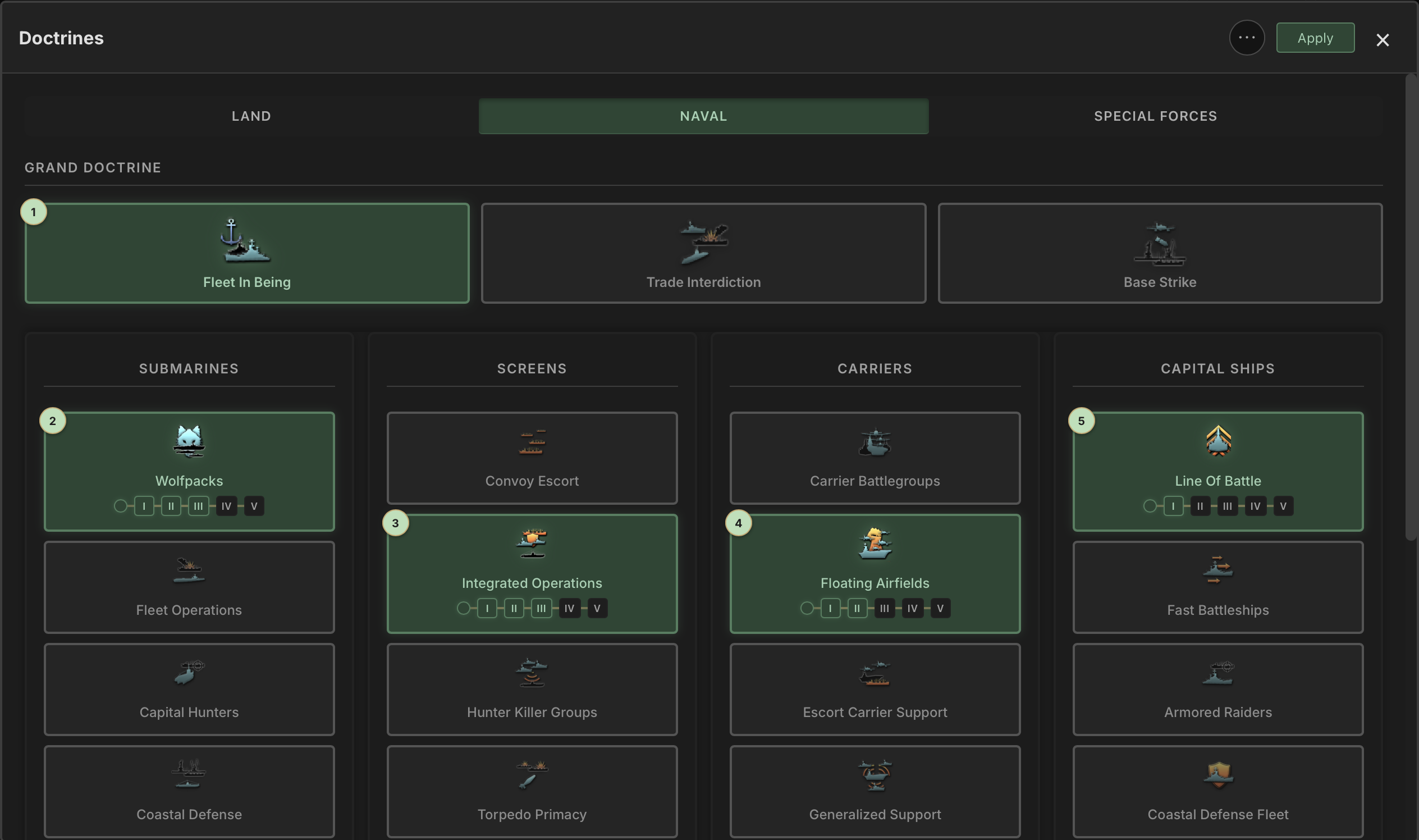 Naval doctrine tree with real-time stat updates on the ship designer