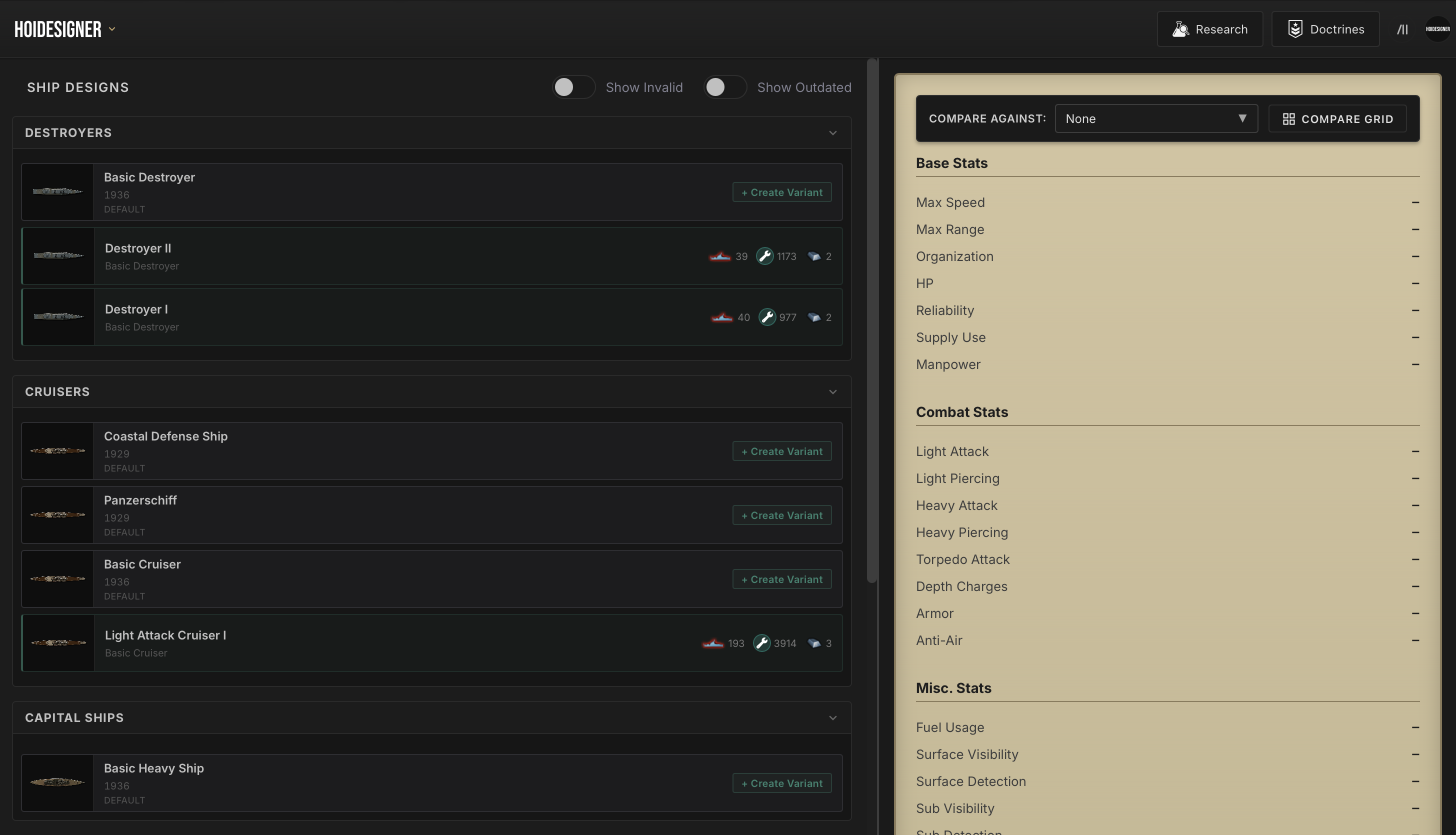 Ship Designer: configuring hull modules and seeing naval stats update in real time
