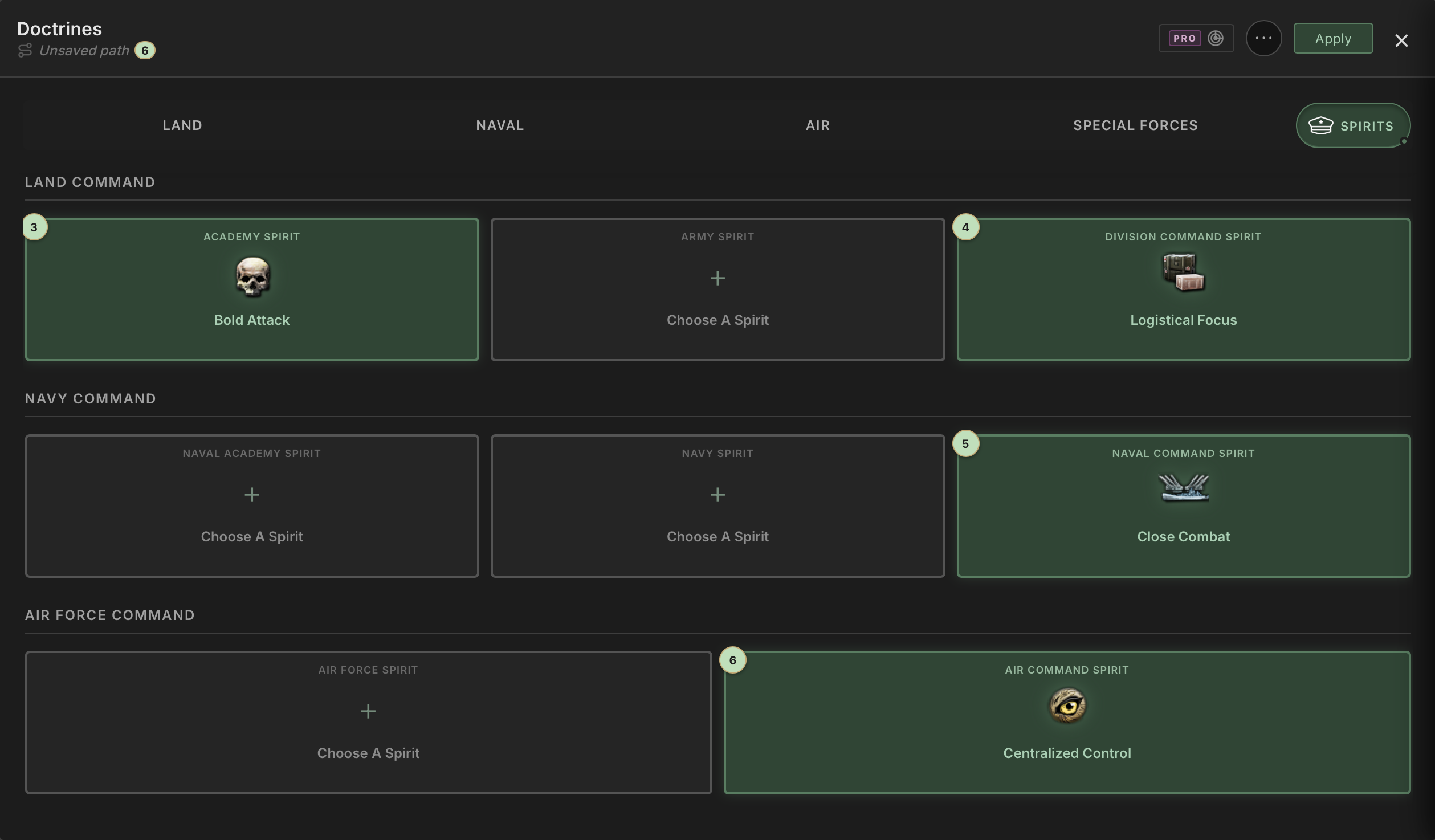 Command Spirits tab with equipped spirits and numbered path order
