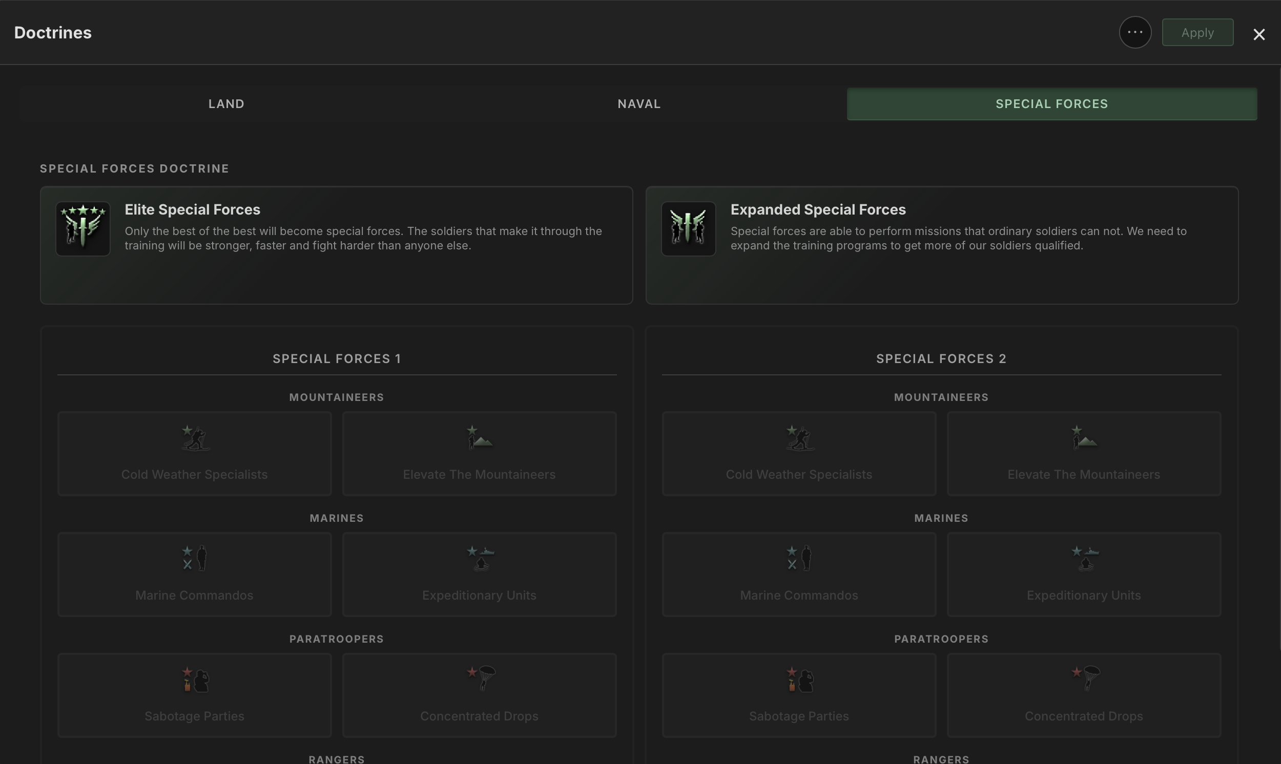 Updated doctrine selection with the new mastery-based special forces system and Dispersed Operations