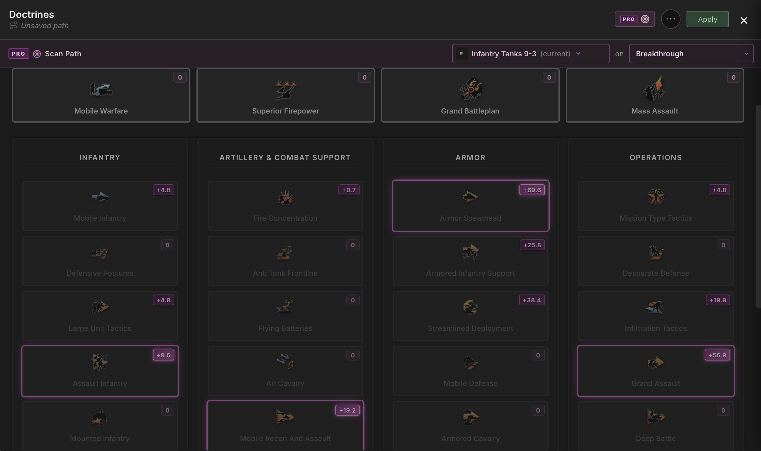 Path Scanner highlighting the optimal next research and doctrine picks toward a chosen stat