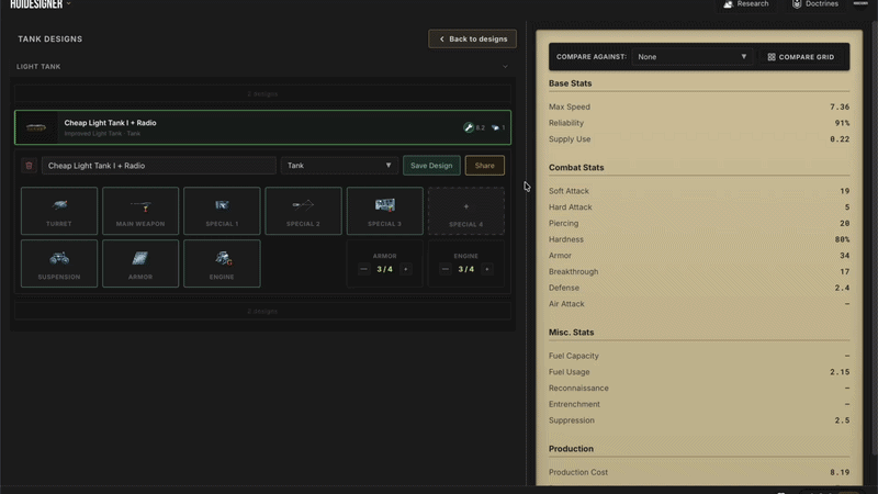 Selecting a custom tank design in a division template and seeing division stats update