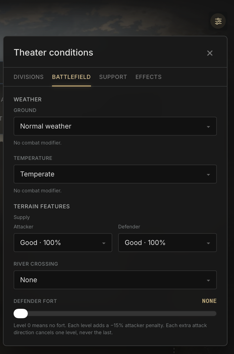 The Theater conditions panel with weather, supply, planning, and commander controls