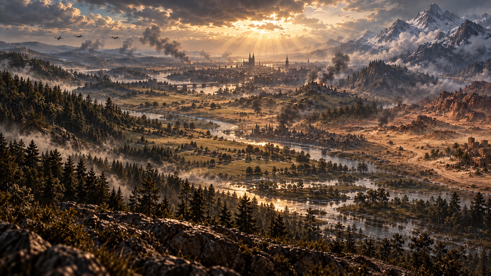 A vast frontier at dawn, with aircraft overhead and smoke rising beyond a fortified city