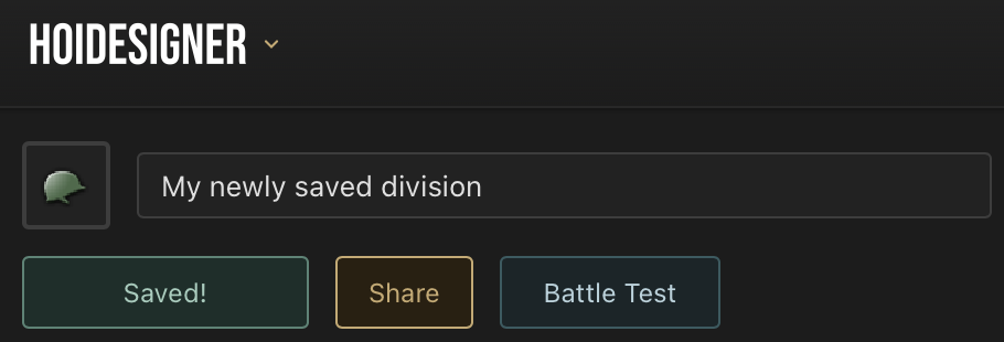 A saved division in the designer with the Battle Test action beside Save Template and Share